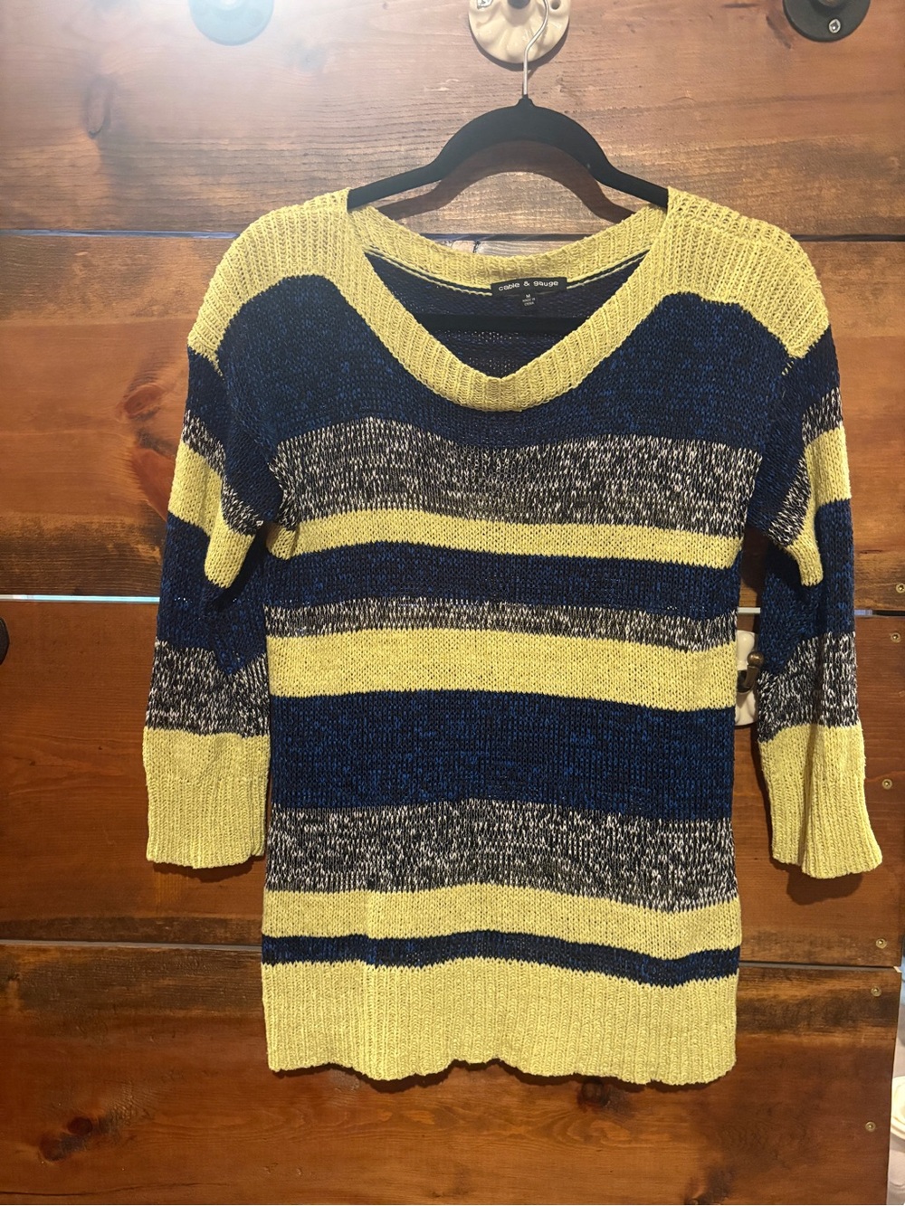 Cable & Gauge 3/4 Sleeve Striped Scoop Neck Sweater - Neon Yellow & Navy